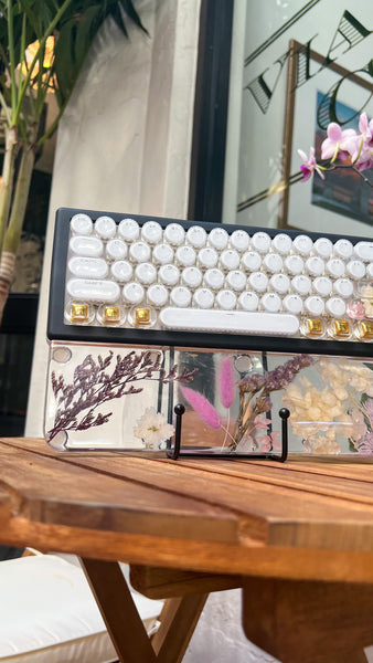 Bluetooth Clear Gold and Purple Flower Typewriter Style keyboard and wrist rest set (Ready for Assembly!)
