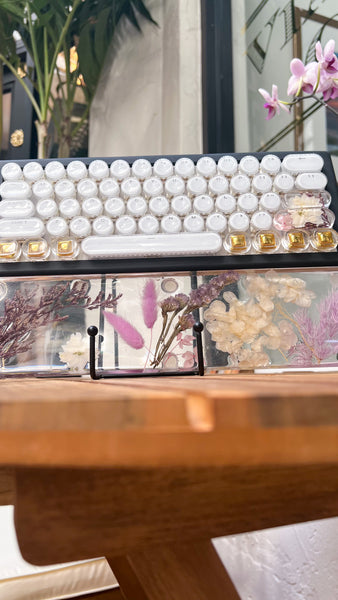 Bluetooth Clear Gold and Purple Flower Typewriter Style keyboard and wrist rest set (Ready for Assembly!)