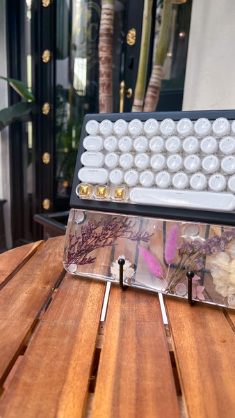 Bluetooth Clear Gold and Purple Flower Typewriter Style keyboard and wrist rest set (Ready for Assembly!)