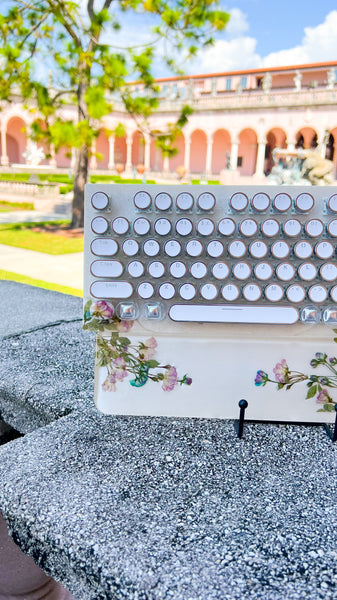 Pink and Blue Flower white background Typewriter Style Keyboard and wrist rest set (Ready to Ship!) Numberpad :