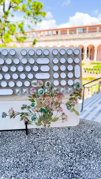 Pink and Blue Flower white background Typewriter Style Keyboard and wrist rest set (Ready to Ship!) Numberpad :