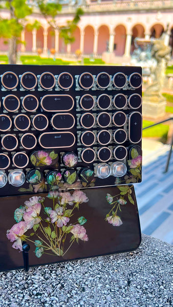 Pink and Blue Flower Black background Typewriter Style Keyboard and wrist rest set (Ready to Ship!) Numberpad :