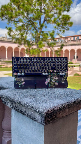 Pink and Blue Flower Black background Typewriter Style Keyboard and wrist rest set (Ready to Ship!) Numberpad :