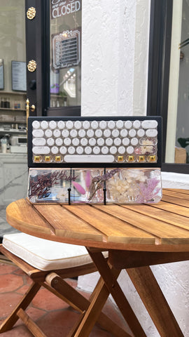 Bluetooth Clear Gold and Purple Flower Typewriter Style keyboard and wrist rest set (Ready for Assembly!)