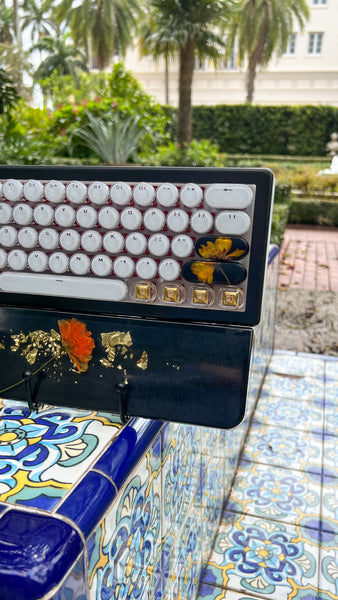 Bluetooth Black Gold and Orange flower keyboard and wrist rest set (Ready for Assembly!)