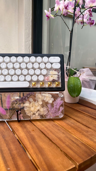 Bluetooth Clear Gold and Purple Flower Typewriter Style keyboard and wrist rest set (Ready for Assembly!)