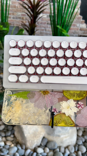 (Bluetooth!)Kiwi Fruits and flowers Typewriter style Keyboard and Wrist Rest Set (Ready For Assembly!)