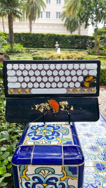 Bluetooth Black Gold and Orange flower keyboard and wrist rest set (Ready for Assembly!)