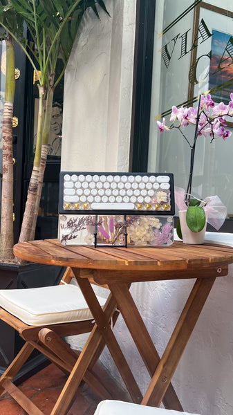 Bluetooth Clear Gold and Purple Flower Typewriter Style keyboard and wrist rest set (Ready for Assembly!)