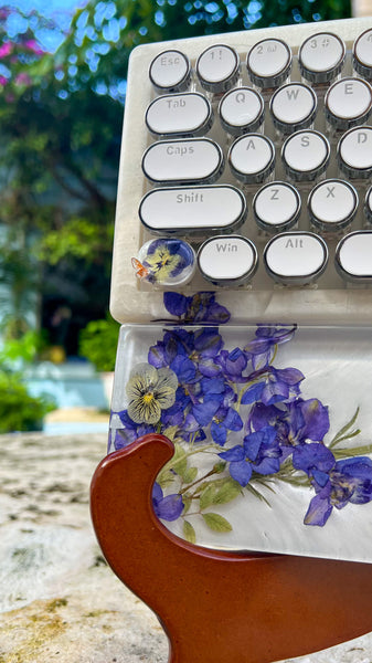 Bluetooth Pansy Flower and 3D Butterfly Typewriter Style keyboard and wrist rest set