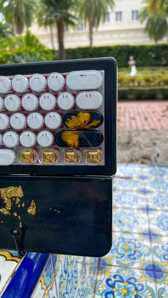 Bluetooth Black Gold and Orange flower keyboard and wrist rest set (Ready for Assembly!)