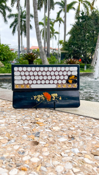 Bluetooth Black Gold and Orange flower keyboard and wrist rest set (Ready for Assembly!)