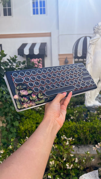 Bluetooth Black Silver and Pink Flower Rose keyboard and wrist rest set (Ready for Assembly!)