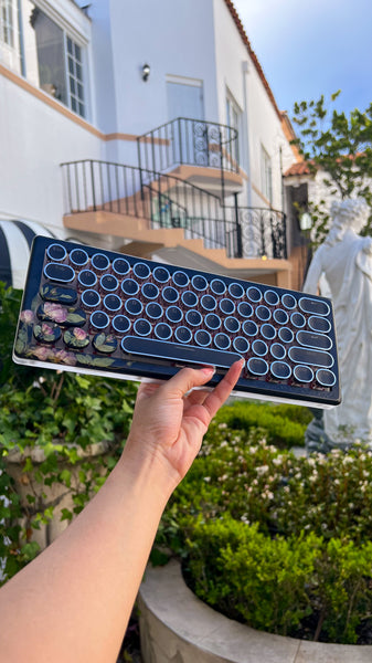 Bluetooth Black Silver and Pink Flower Rose keyboard and wrist rest set (Ready for Assembly!)