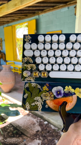 Dark Blue and Gold Typewriter Style Keyboard with Wire Wrap Butterflies and wrist rest set (Ready to Ship!)