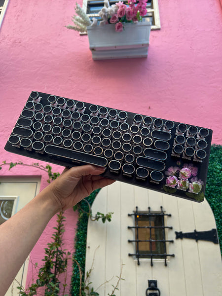 Black Typewriter Style Keyboard with Real Pink Flowers (Ready to Ship!) :