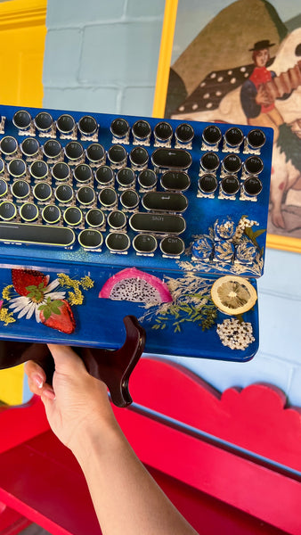 Cobalt Blue Red Dragon Fruit and Leafs Typewriter Style Keyboard and Wrist Rest Set(Ready to Ship!)