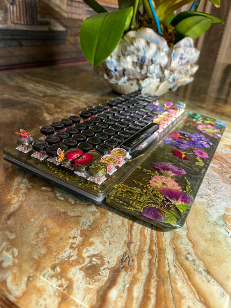 Olive Green and Gold Typewriter Style Keyboard with Wire Wrap Butterflies and wrist rest set (Ready to Ship!) :