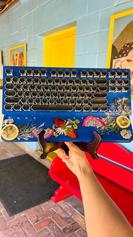 Cobalt Blue Red Dragon Fruit and Leafs Typewriter Style Keyboard and Wrist Rest Set(Ready to Ship!)