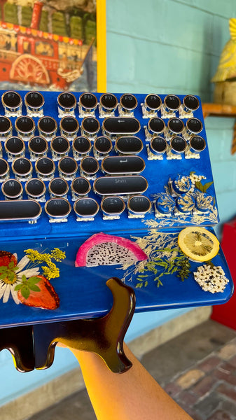 Cobalt Blue Red Dragon Fruit and Leafs Typewriter Style Keyboard and Wrist Rest Set(Ready to Ship!)