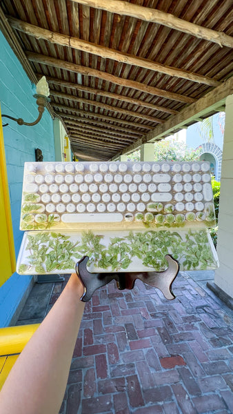 Green leafs with white background Typewriter Style Keyboard and wrist rest set (Ready to Ship!) Numberpad :