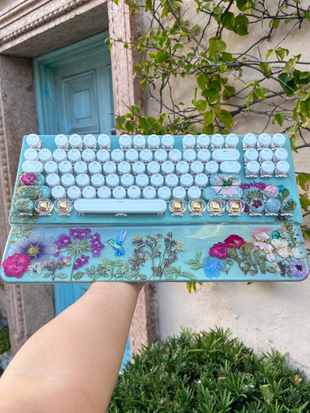 Teal and Gold Hummingbird Typewriter Style Keyboard and Wrist Rest Set(Ready to Ship!)