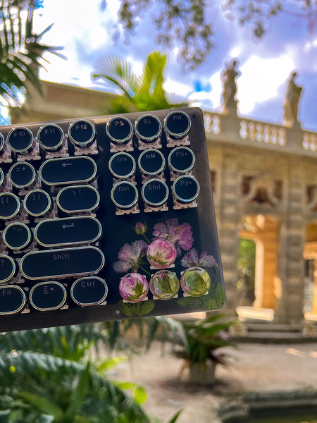 Black Typewriter Style Keyboard with Real Pink Flowers (Ready to Ship!) :