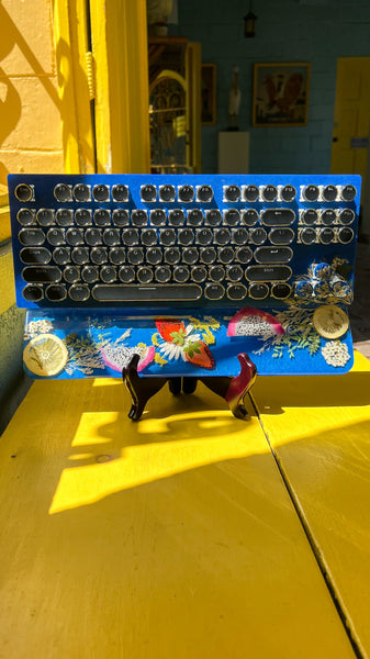 Cobalt Blue Red Dragon Fruit and Leafs Typewriter Style Keyboard and Wrist Rest Set(Ready to Ship!)