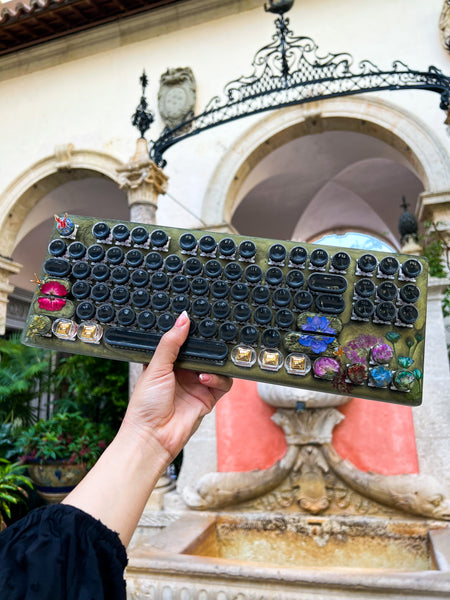 Olive Green and Gold Typewriter Style Keyboard with Wire Wrap Butterflies and wrist rest set (Ready to Ship!) :