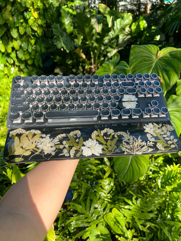 Black and white Flower Typewriter Style Keyboard and Wrist Rest Set(Ready to Ship!) :