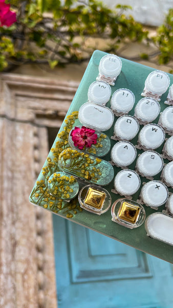 Teal and Gold Hummingbird Typewriter Style Keyboard and Wrist Rest Set(Ready to Ship!)