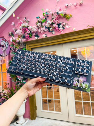 Black Typewriter Style Keyboard with Real Pink Flowers (Ready to Ship!) :