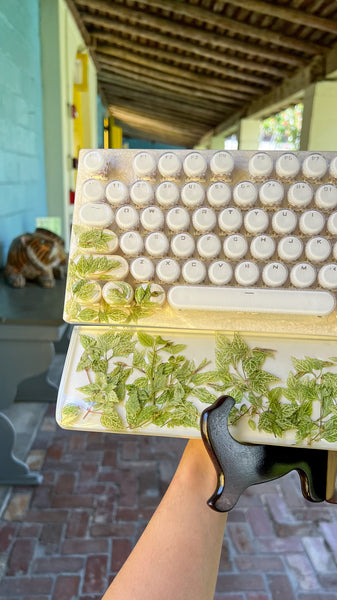 Green leafs with white background Typewriter Style Keyboard and wrist rest set (Ready to Ship!) Numberpad :