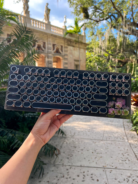 Black Typewriter Style Keyboard with Real Pink Flowers (Ready to Ship!) :