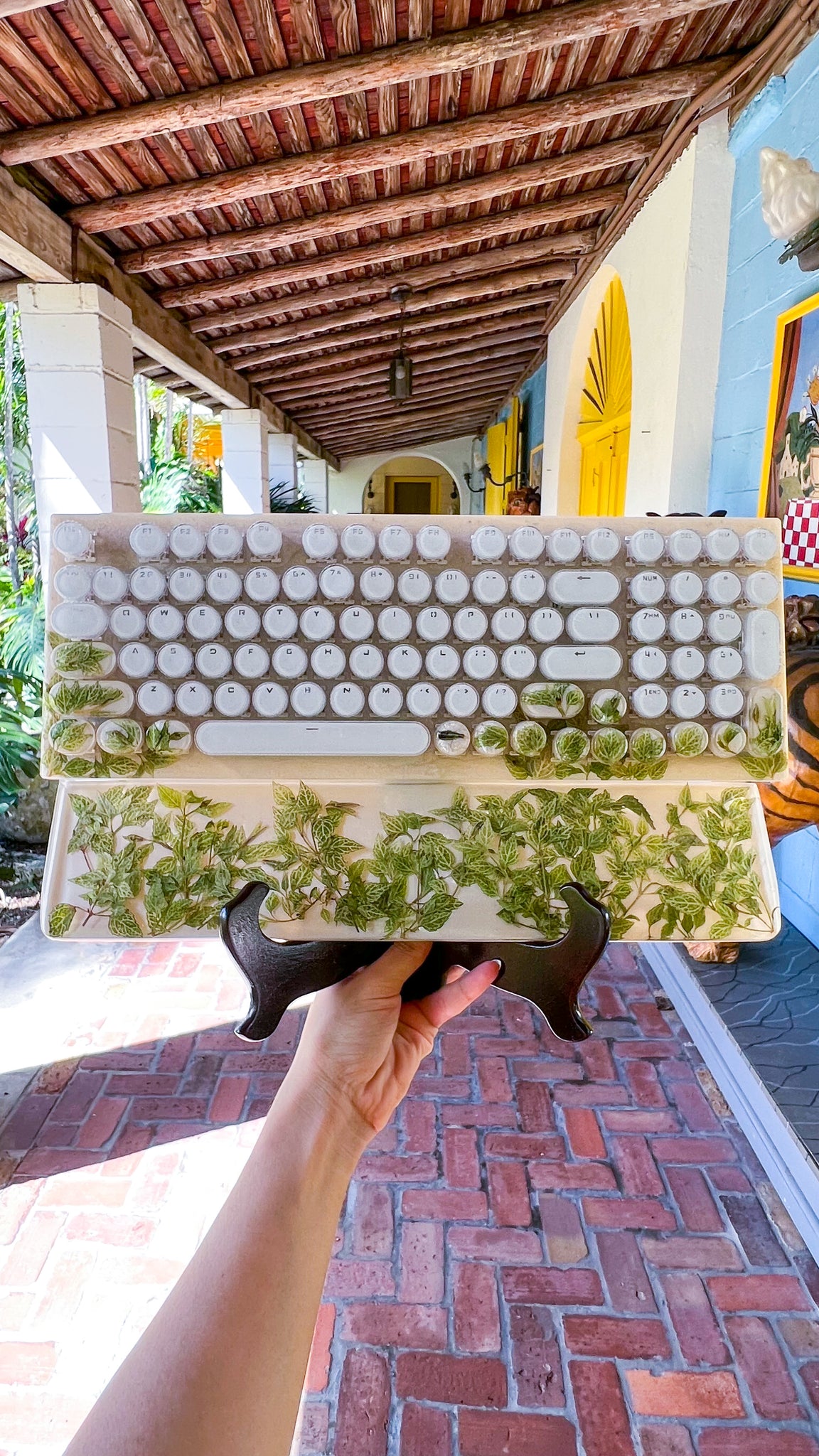 Green leafs with white background Typewriter Style Keyboard and wrist rest set (Ready to Ship!) Numberpad :