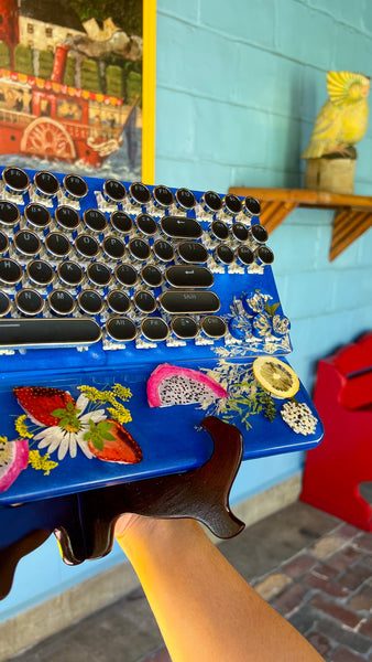 Cobalt Blue Red Dragon Fruit and Leafs Typewriter Style Keyboard and Wrist Rest Set(Ready to Ship!)