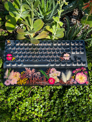 Black and Pink Flower Typewriter Style Keyboard and Wrist Rest Set(Ready to Ship!) :