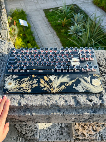 Black and white Flower Typewriter Style Keyboard and Wrist Rest Set(Ready to Ship!) :