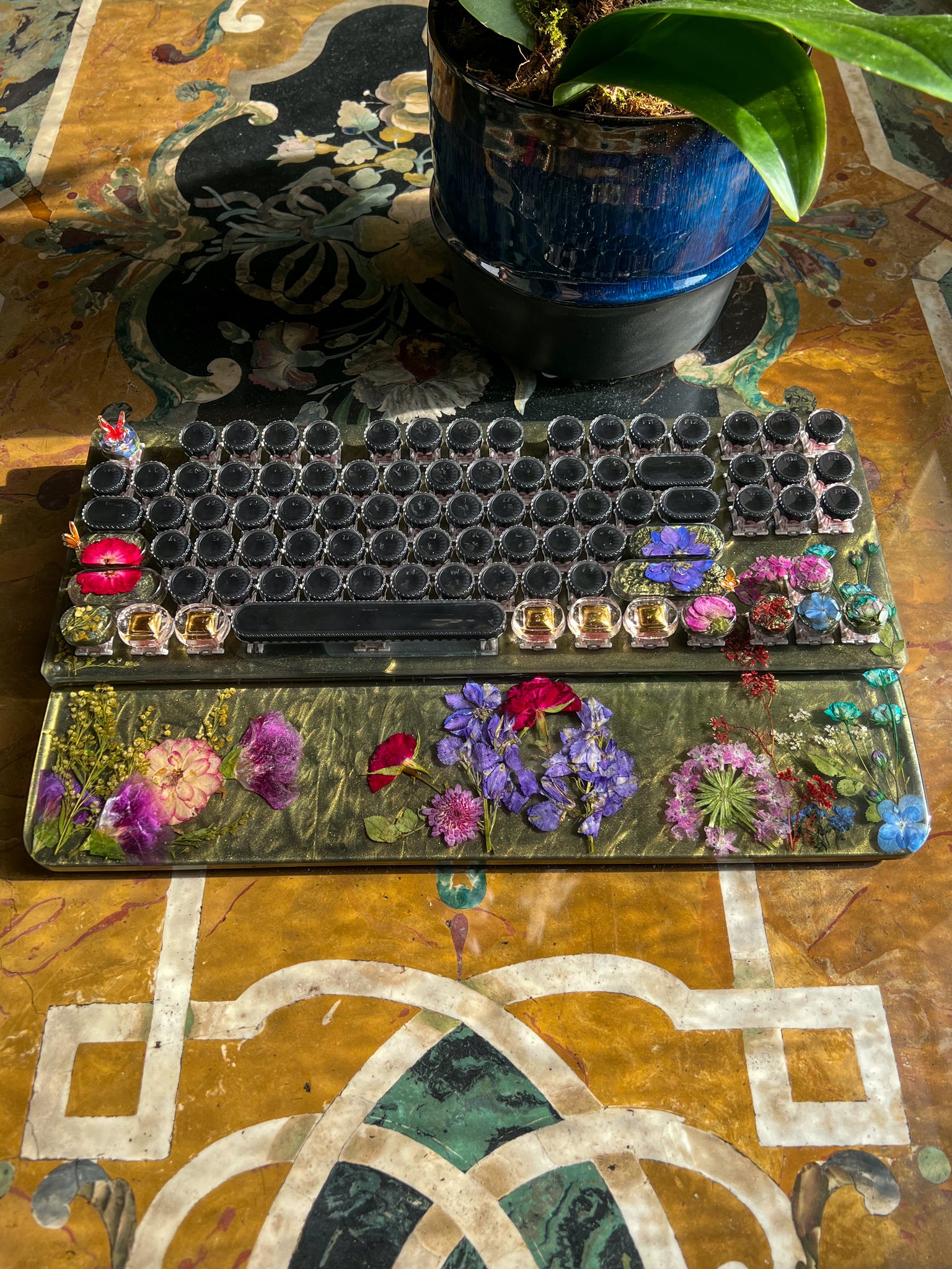 Olive Green and Gold Typewriter Style Keyboard with Wire Wrap Butterflies and wrist rest set (Ready to Ship!) :