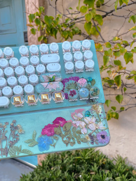 Teal and Gold Hummingbird Typewriter Style Keyboard and Wrist Rest Set(Ready to Ship!)