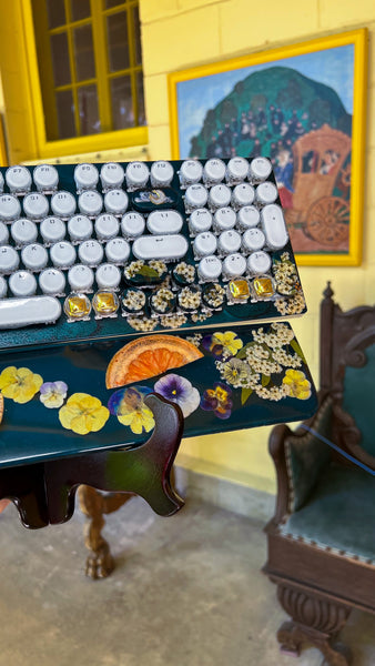 Dark Blue and Gold Typewriter Style Keyboard with Wire Wrap Butterflies and wrist rest set (Ready to Ship!)