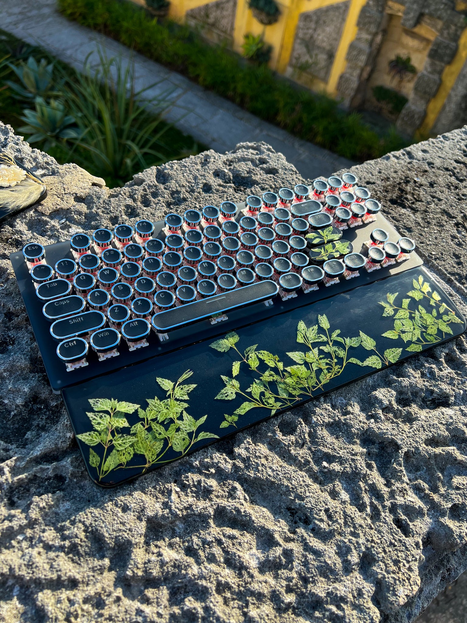 Black and white leaf Typewriter Style Keyboard and Wrist Rest Set(Ready to Ship!) :