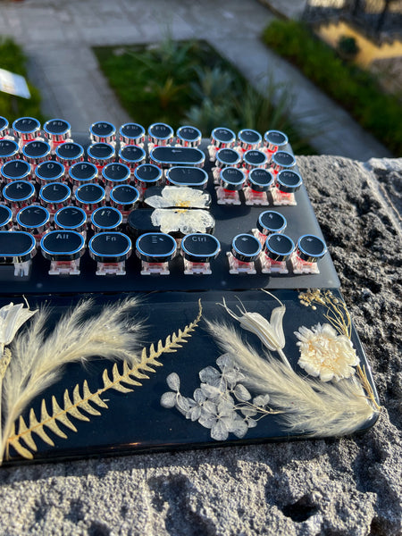 Black and white Flower Typewriter Style Keyboard and Wrist Rest Set(Ready to Ship!) :