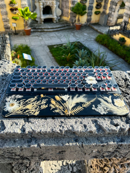 Black and white Flower Typewriter Style Keyboard and Wrist Rest Set(Ready to Ship!) :