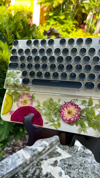 Red Dragon Fruit and Leafs Typewriter Style Keyboard and Wrist Rest Set(Ready to Ship!)