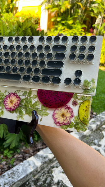 Red Dragon Fruit and Leafs Typewriter Style Keyboard and Wrist Rest Set(Ready to Ship!)